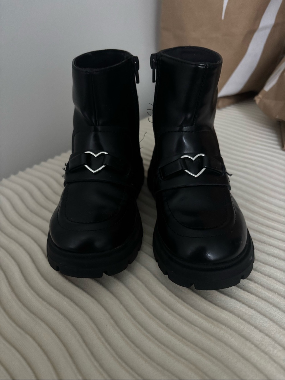Zara Black Chunky Heart-Buckle Kids Ankle Boots